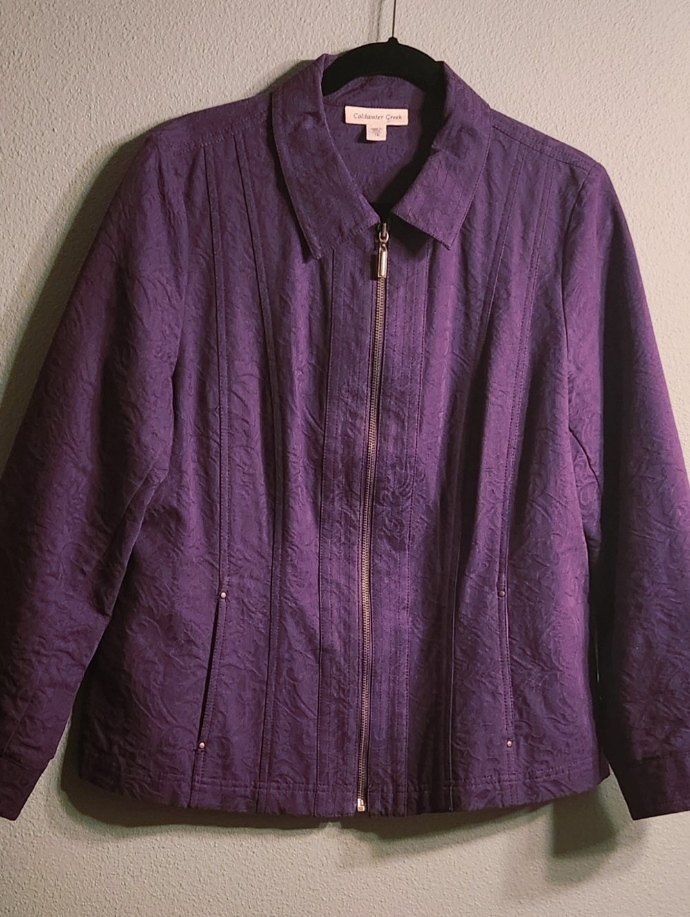 Coldwater Creek Purple Textured Jaquard Floral Zip-Front Jacket - Size 16